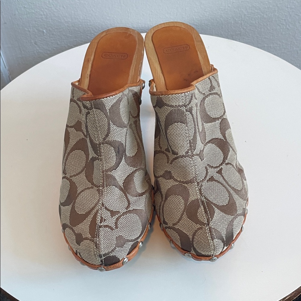 Coach Tan & Brown Signature Canvas Clog Heels - Picture 3 of 6
